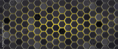 Black and gold hexagonal pattern background. Abstract colorful hexagon pattern and texture background. Futuristic surface hexagon pattern with light rays. Overlapping geometry polygonal shape