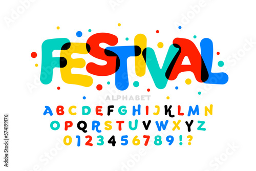 Colorful playful festival or carnival style font design, alphabet letters and numbers vector illustration