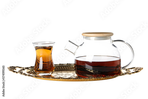 Concept of traditional turkish brewed hot drink - tea, isolated on white background