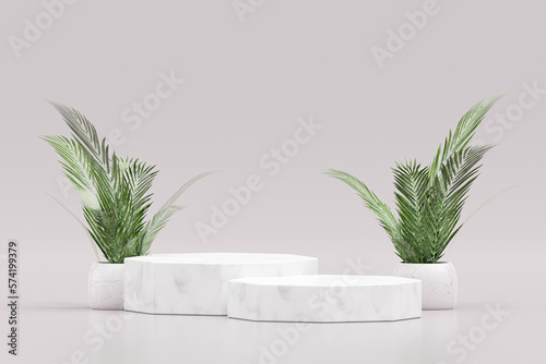 Marble podium with plant nature pedestal stage product display background 3D illustration empty display showroom presentation for product placement