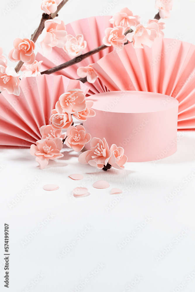 Elegant spring cylinder podium mockup, asian fans, branch of gentle