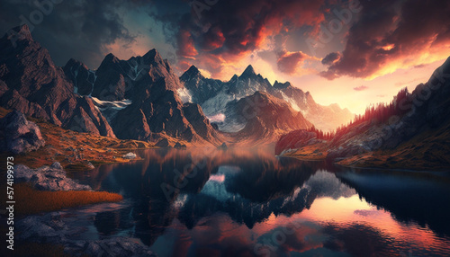Beautiful landscape of mountains with lake  colorful scene during sunset