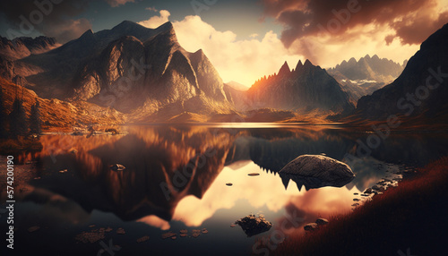 Beautiful landscape of mountains with lake, colorful scene during sunset