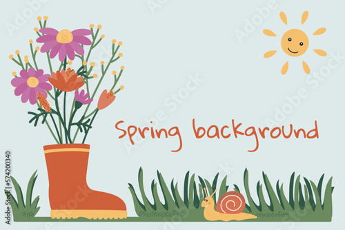Spring background of a bouquet of flowers in a rubber boot, grass, sun and snail. Space for text. Vector illustration of stylized plants and insects in cartoon style. Isolated on a blue background.