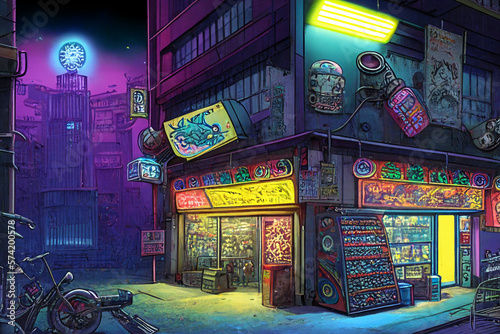 アニメ映画風のサイパーパンク系背景のイラスト(AI generated image)