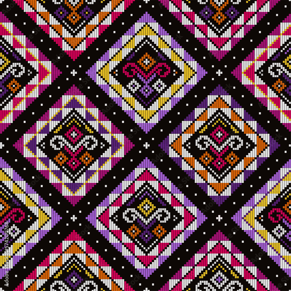 Filipino folk art Yakan weaving inspired vector seamless pattern with geometric motif on black for textile or fabric print design
Filipino folk art Yakan weaving inspired vector seamless pattern with geometric motif on black for textile or fabric print design