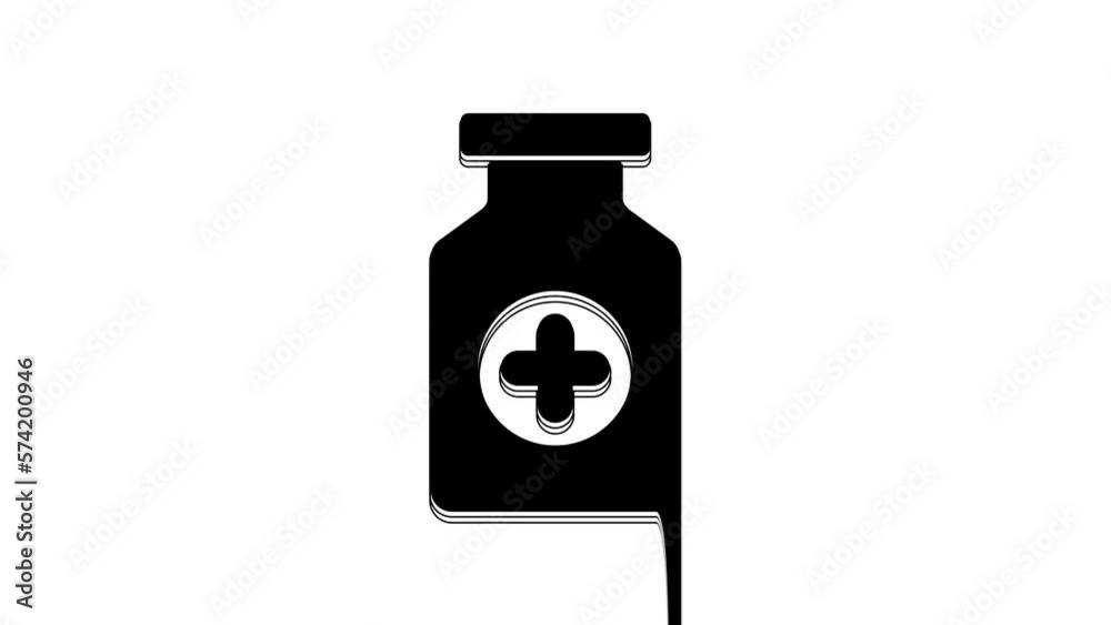 Black Medicine bottle icon isolated on white background. Bottle pill sign. Pharmacy design. 4K Video motion graphic animation Black Medicine bottle icon isolated on white background. Bottle pill sign. Pharmacy design. 4K Video motion graphic animation