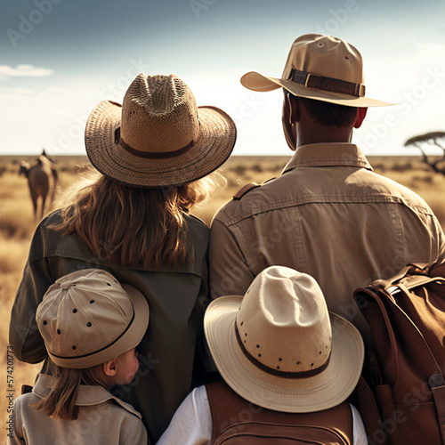 Back view of a family on a safari in Africa. Generative AI.