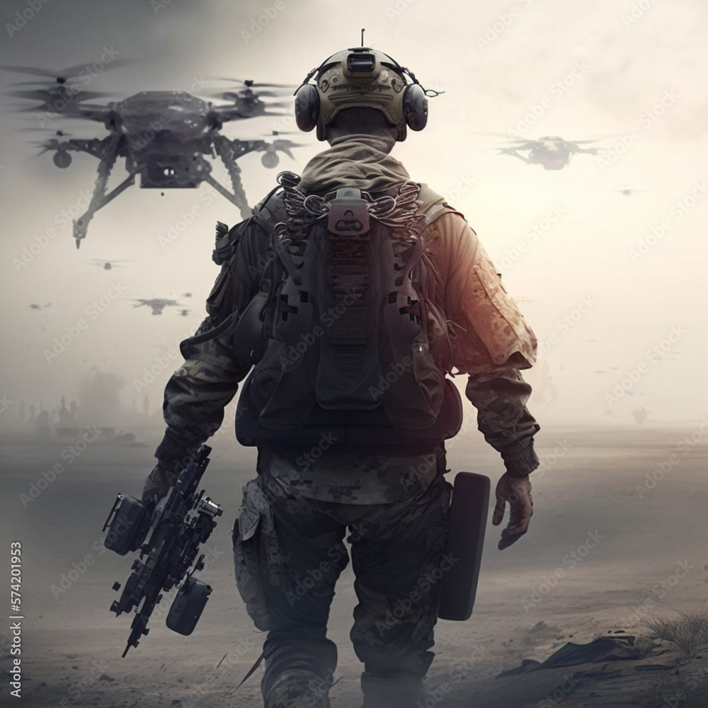 Back view of a male soldier next to a drone. Generative AI. Back view of a male soldier next to a drone. Generative AI.