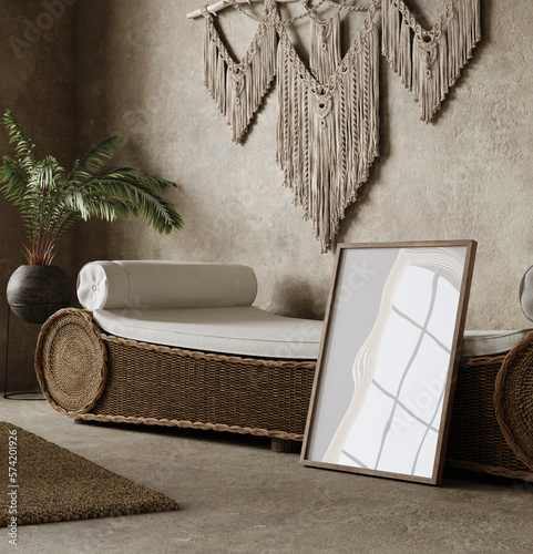 Poster frame mockup in modern nomadic home interior background, 3d render