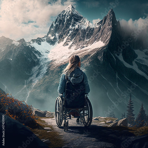 Slika na platnu Woman in a wheelchair on top of a mountain