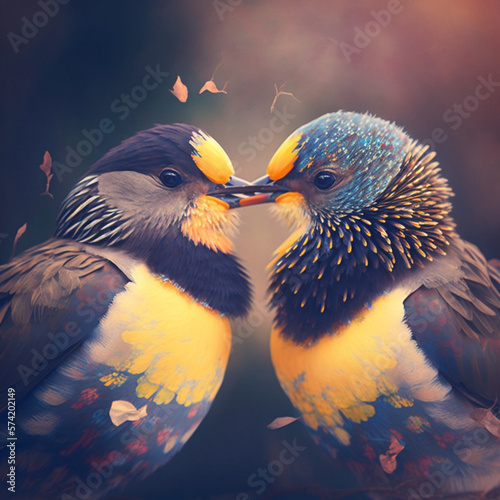 Two birds giving each other a kiss. Generative AI.