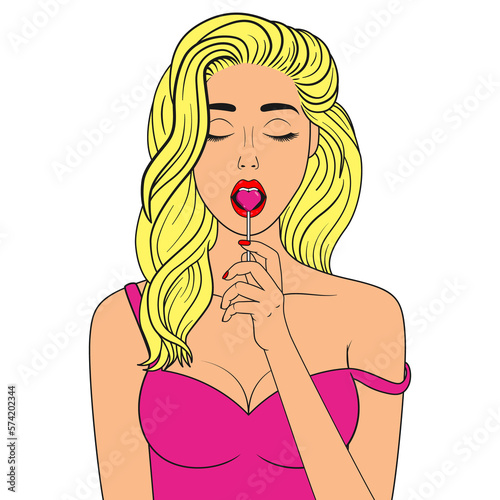 Sexy blonde woman with heart-shaped lollipop. Open mouth. Illustration on transparent background
