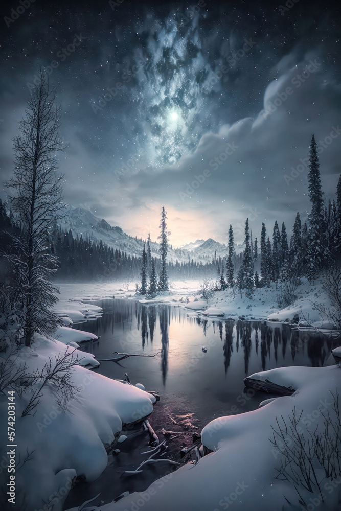 Winterlandschaft bei Nacht mit See in den Bergen Abstrakt Illustration Generative AI Digital Art Background Hintergrund Cover 