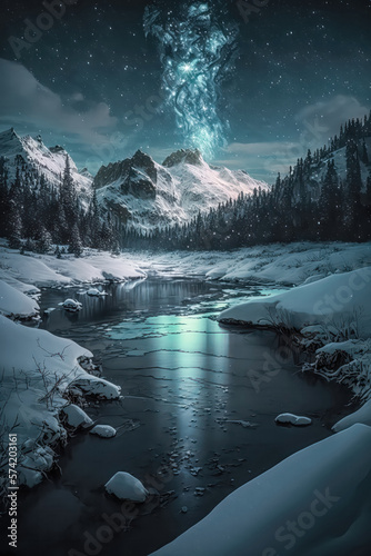 Winterlandschaft bei Nacht mit See in den Bergen Abstrakt Illustration Generative AI Digital Art Background Hintergrund Cover 