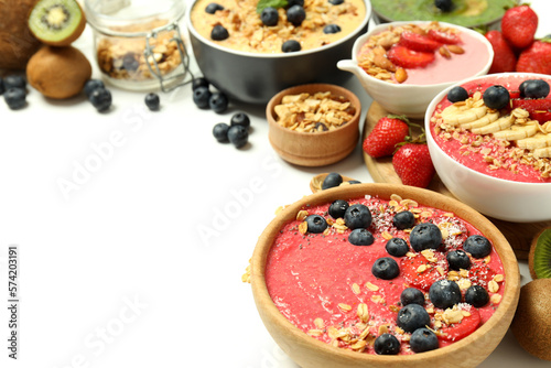 Concept of delicious food with smoothie with different ingredients, space for text