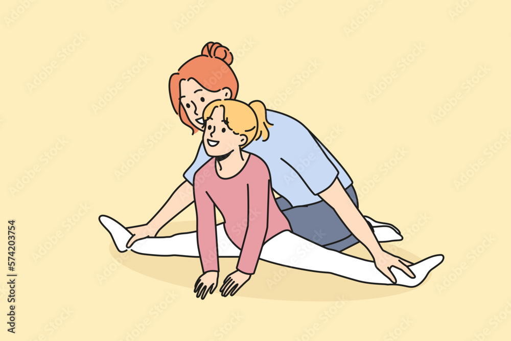 Female trainer help little girl with stretching on training. Woman coach work with happy small kid client in gymnastics studio. Vector illustration. Female trainer help little girl with stretching on training. Woman coach work with happy small kid client in gymnastics studio. Vector illustration.