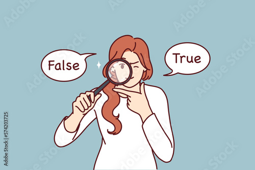 Girl with magnifying glass is trying to make difficult choice that standing between inscriptions false and true. Woman researcher has doubts about product quality and use magnifying glass 