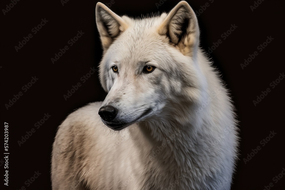 Fototapeta premium Polar wolf portrait on black background. AI generative.