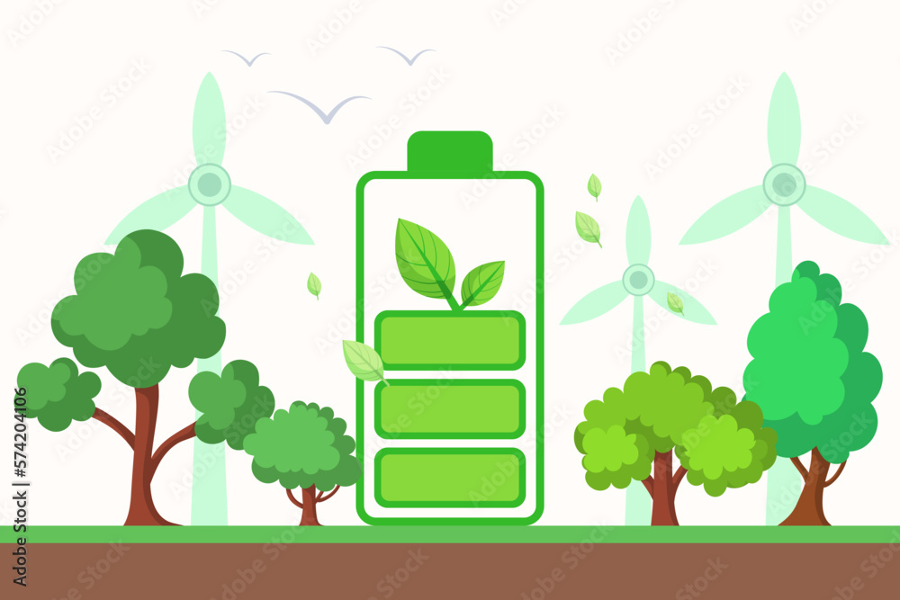 Green battery with trees and wind turbines vector illustration. Cartoon