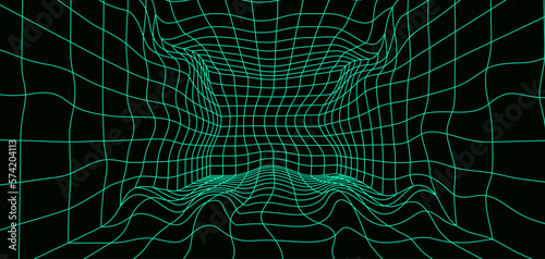 3D futuristic wavy wireframe room on green background. Digital perspective grid. Vector illustration.