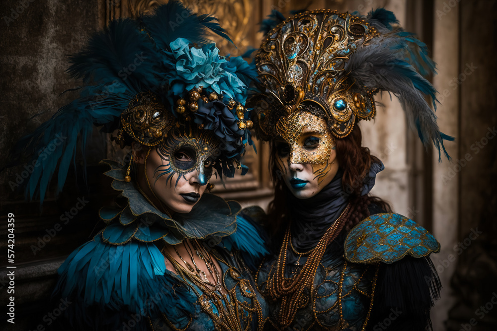 Portrait of a couple, woman and man in traditional Venetian carnival costume with mask and ornaments. Generative ai