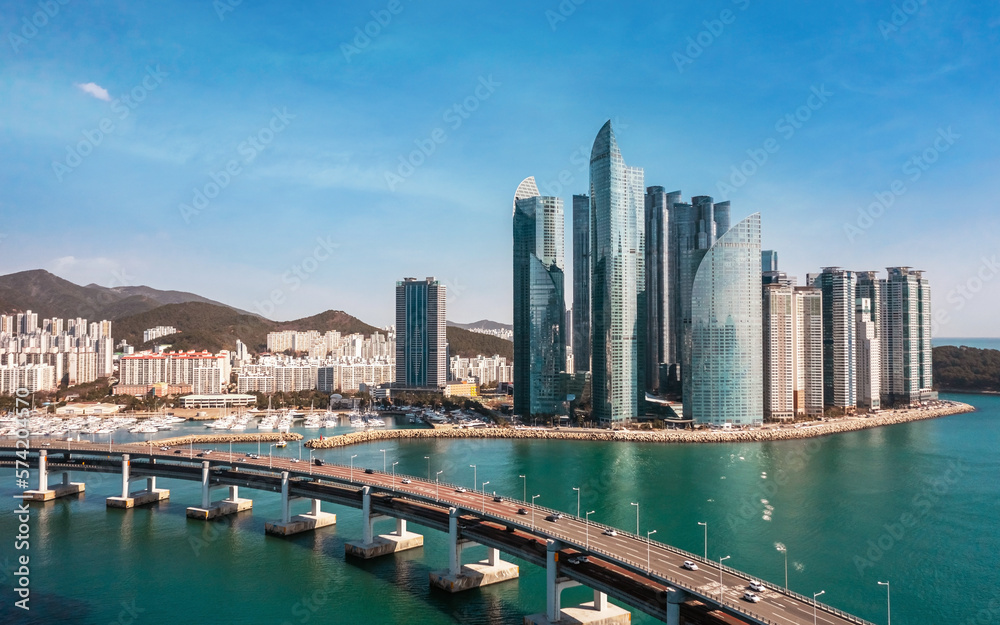 Fototapeta premium Skyscrapers of Busan on a sunny day. Aerial view