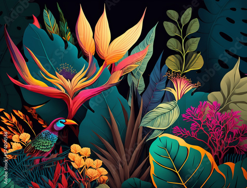  Abstract natural background with jungle flora and fauna. Creative background with exotic bright colorful leaves and birds. Created with Generative AI
