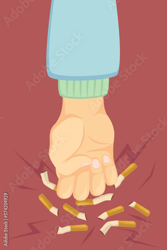 Fist beating cigarettes vector illustration. Crumbled cigs under firm hand on red background. Quitting or refusing smoking. Campaign, healthcare, addiction concept