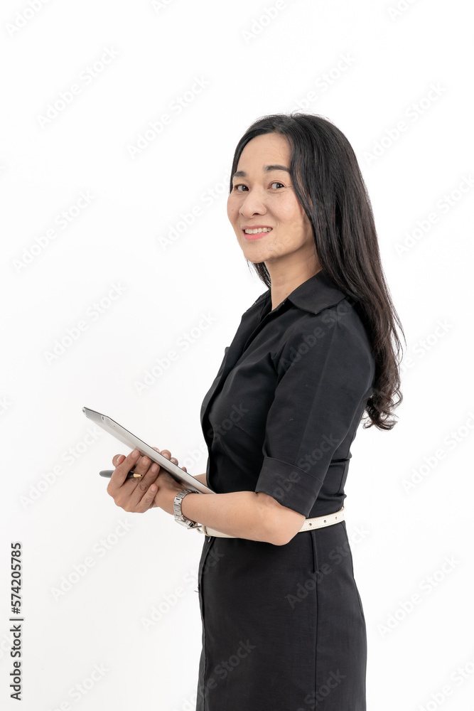 Image of young asian woman, company worker in glasses, smiling and holding digital tablet, standing over white background Image of young asian woman, company worker in glasses, smiling and holding digital tablet, standing over white background