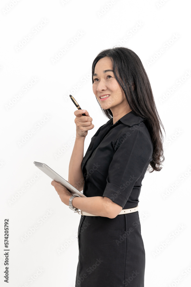 Image of young asian woman, company worker in glasses, smiling and holding digital tablet, standing over white background Image of young asian woman, company worker in glasses, smiling and holding digital tablet, standing over white background