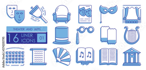 Set of color filled linear icons. Theatrical performances and premieres. Musical art of theater and opera on stage. Harp, tragedy, comedy, masks, script, sheet music