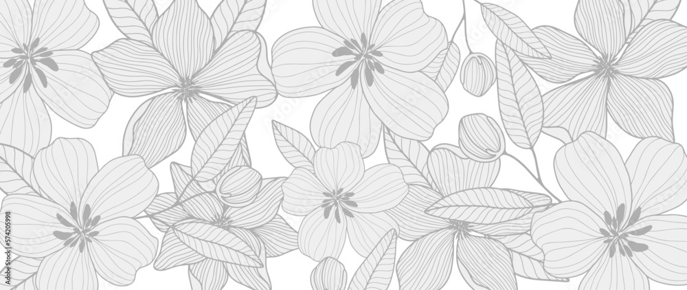Vector delicate botanical illustration with flowers, vectors, leaves, buds in pastel colors on white background for covers, backgrounds, wallpaper, design, decor