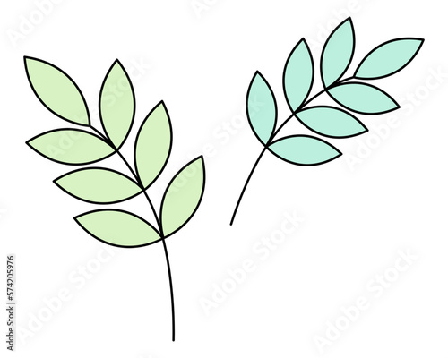 Two branches from a rowan tree. Green vegetation. Leaves on the stem. Set of color vector illustrations. Cartoon style. Isolated background. Idea for web design.