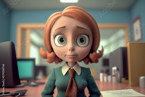 Cartoon office lady talking with her subordinate or colleague in her work space. Maybe she worried about progress of team project. 3D render. Fictional person and place. Made with Generative AI photo