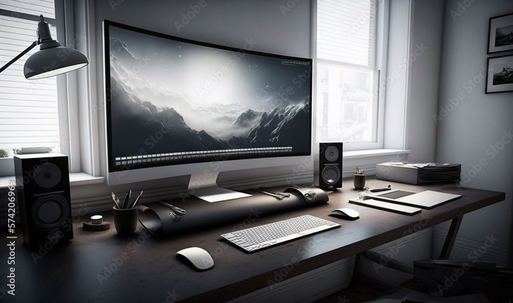  a computer monitor sitting on top of a desk next to a keyboard.  generative ai