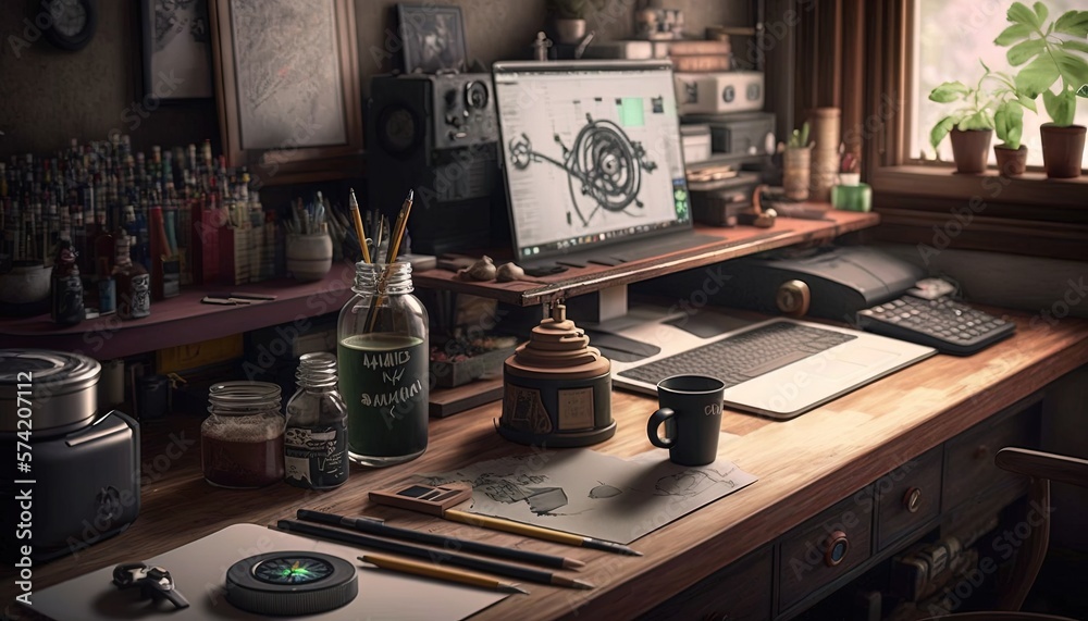 a desk with a computer, a keyboard, a mouse, and other items on it. generative ai a desk with a computer, a keyboard, a mouse, and other items on it. generative ai