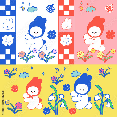 group of cute Happy white baby bunny rabbit in garden, have a lovely day, cartoon drawing outline banner