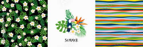 Seamless pattern set with bird, leaves and flowers. Cute design for suumer clothes, fabric design, wrapping