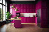 Amazing Luxury Kitchen Interior in viva magenta color, with wooden floor and kitchen island. Viva magenta is a trend colour year 2023. generative AI
