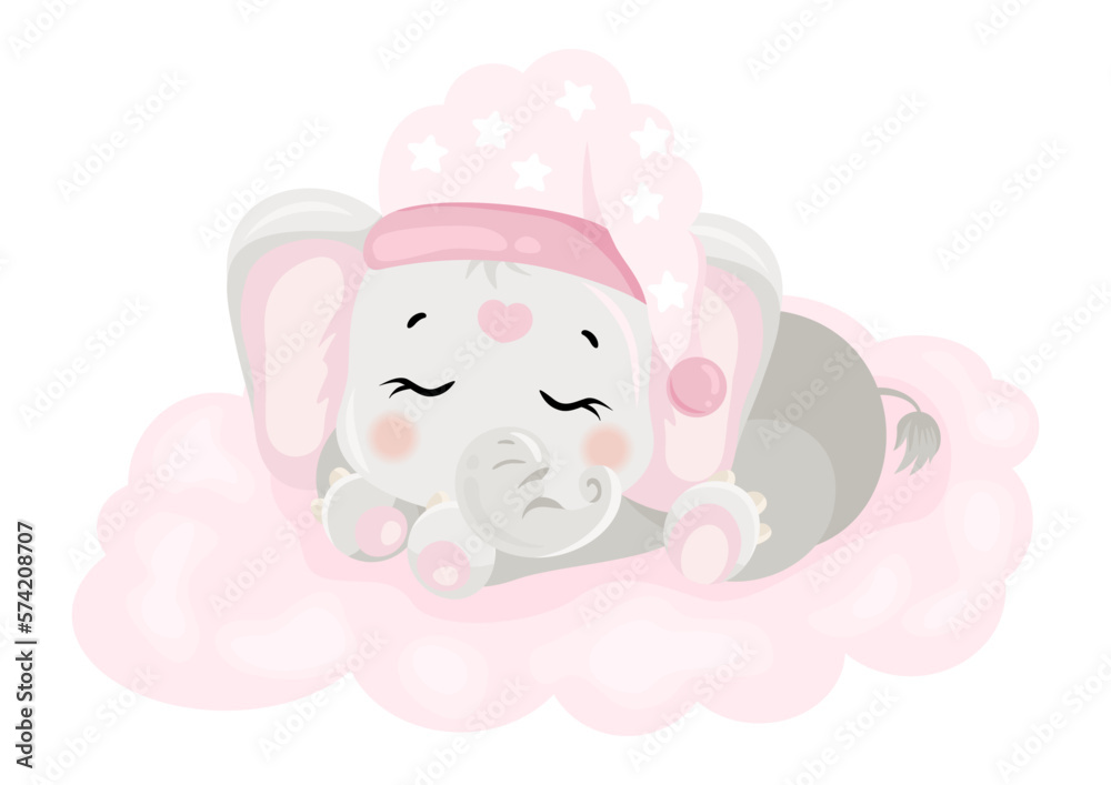Cute baby pink elephant sleeping on cloud Cute baby pink elephant sleeping on cloud