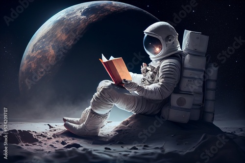 Astronaut reading the book on the moon. Generative AI, Generative, AI