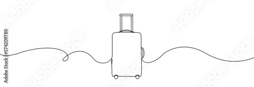 Suitcase one continuous line. Suitcase on wheels for travel one line. Travel bag linear icon.One line drawing of a suitcase.
