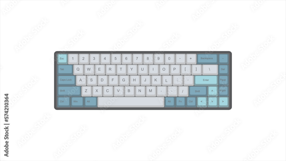 Vector Mechanical keyboard with white and blue colour retro vintage PBT keycaps 68% layout with isolated transparent background illustration