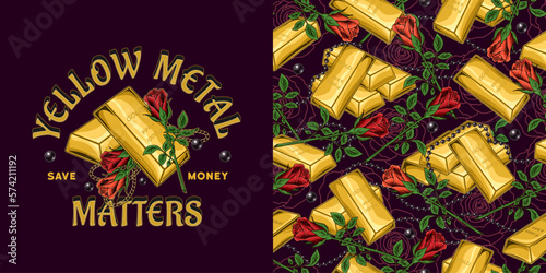 Set of emblem, pattern with gold ingots, roses