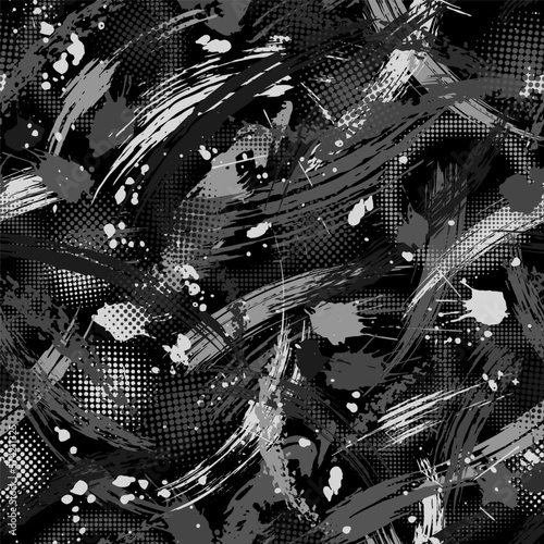 Seamless gray camouflage pattern with grunge paint brush strokes, blots, halftone. Dense random chaotic composition. Good for apparel, fabric, textile, sport goods. Grunge texture for surface design