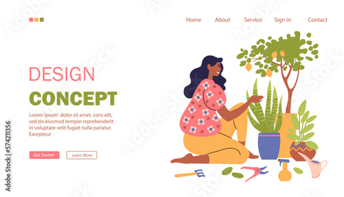 Landing page template with black woman taking care of indoor plants at home. Care and cultivation of indoor plants, hobby, recreation. A girl with plants and a tool for care. Flat vector.