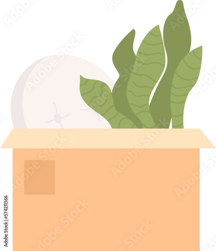Packing carton box with cushion and houseplant semi flat color vector object. Editable icon. Full sized item on white. Simple cartoon style spot illustration for web graphic design and animation