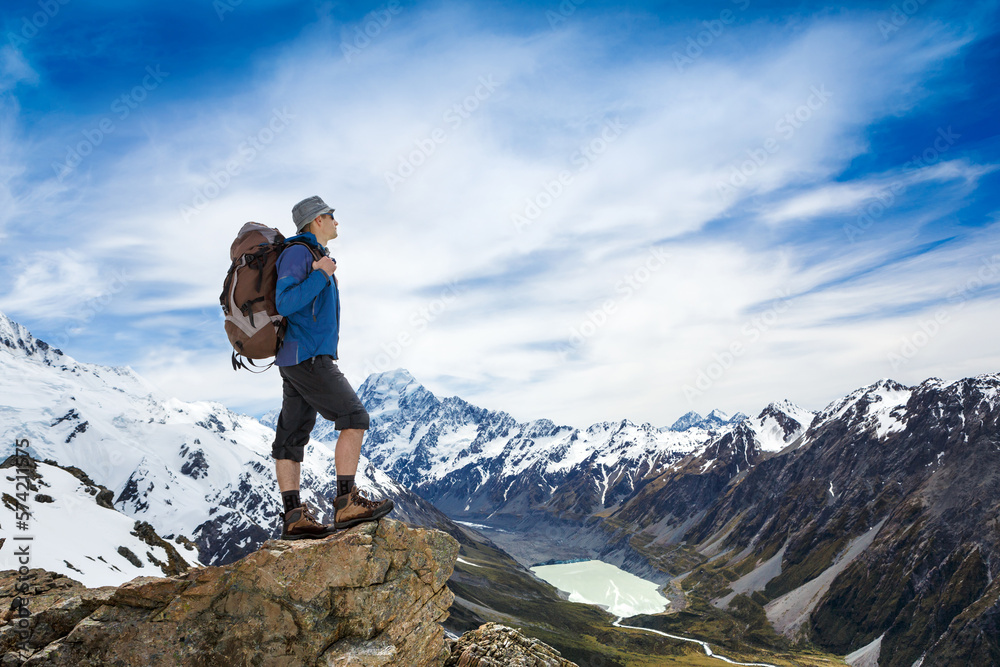 Hiker with backpack on the mountain top. Sport and active life concept