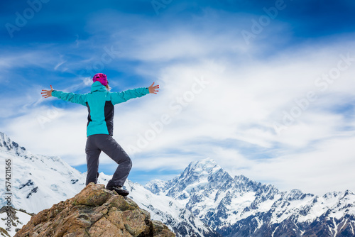 Happy traveler enjoy sunny day near Mount Cook. New Zealand